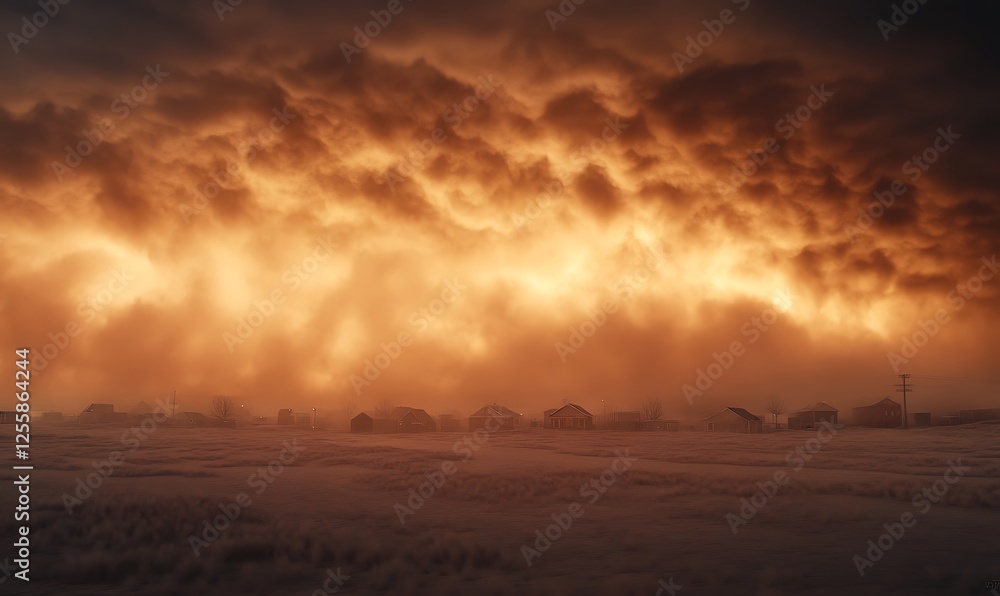 Poster a dramatic sky filled with dark, swirling clouds, illuminated by a warm, fiery glow, creating an int