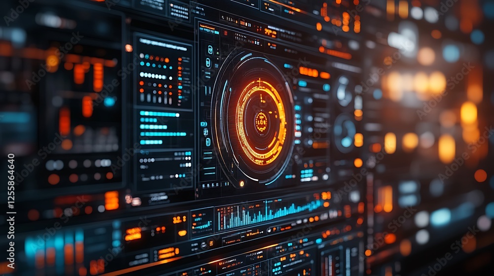 Aufkleber futuristic digital interface with glowing orange and blue hud elements displaying data streams and g