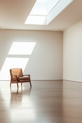 Fototapeta premium Minimalist room with wooden chair and skylight.