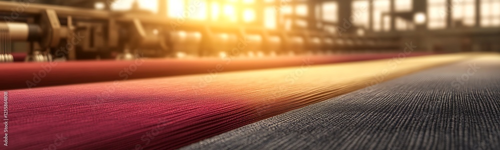 Aufkleber a vibrant textile factory scene featuring colorful fabric rolls illuminated by warm sunlight streami