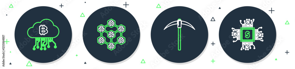 Poster set line blockchain technology, pickaxe, cryptocurrency cloud mining and cpu farm icon. vector