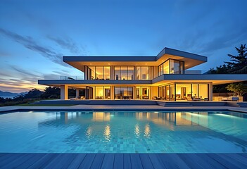 Facade of a modern mansion lit up at dusk, with an infinity pool