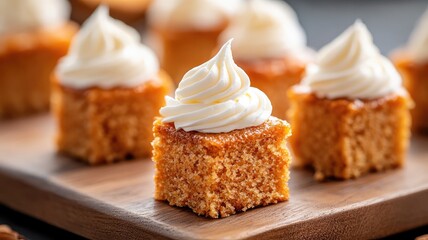 Close-up of frosted cake pieces on wooden board