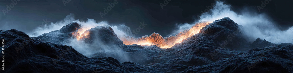 Poster digital rendering of glowing mountain range with fog