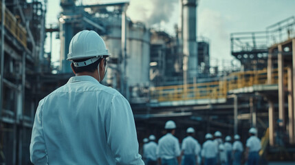 An industrial worker observes a busy manufacturing plant, highlighting the importance of safety in the industrial sector.