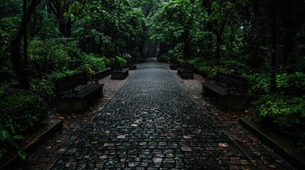 Fototapeta premium Rainy park path, benches, lush greenery. Peaceful scene, ideal for relaxation themes