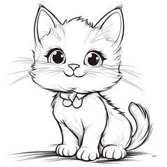 Obraz premium Cute Cartoon Kitten in Blank Outline for Kids Coloring Activity