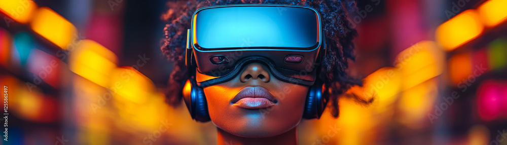 Poster immersive virtual and augmented reality shopping experience with headset in dynamic retail environme