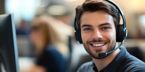 Portrait of a male customer service representative smiling and wearing a headset