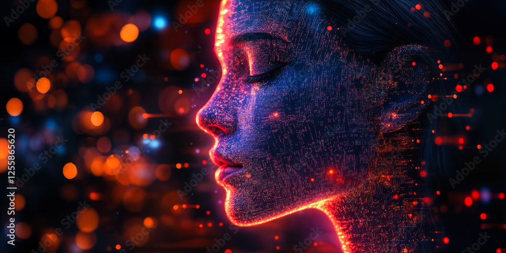 Poster ai-powered competitive analysis concept with digital face and data visualizations in a futuristic te