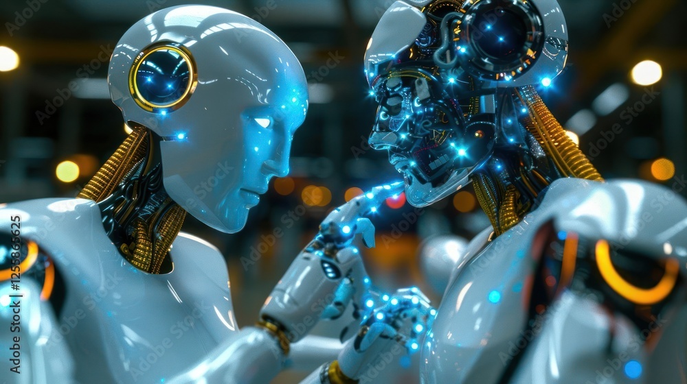 Poster two futuristic robots interacting with glowing elements, symbolizing connection and technology.