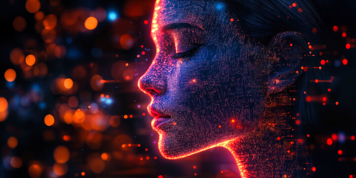 AI-Powered Competitive Analysis Concept with Digital Face and Data Visualizations in a Futuristic Technological Context