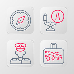 Set line Suitcase, Pilot, Aircraft steering helm and Compass icon. Vector