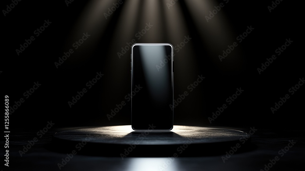 Poster smartphone displayed on spotlighted platform in dark setting