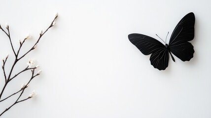 Obraz premium Black butterfly on white background with budding branch