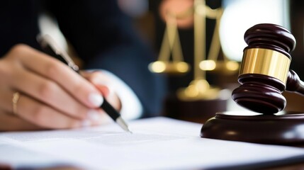 Legal professional reviewing documents with gavel and scales of justice