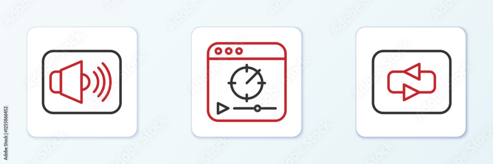 Poster set line repeat button, speaker volume and online play video icon. vector