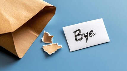 White card with handwritten "Bye" next to torn paper and envelope