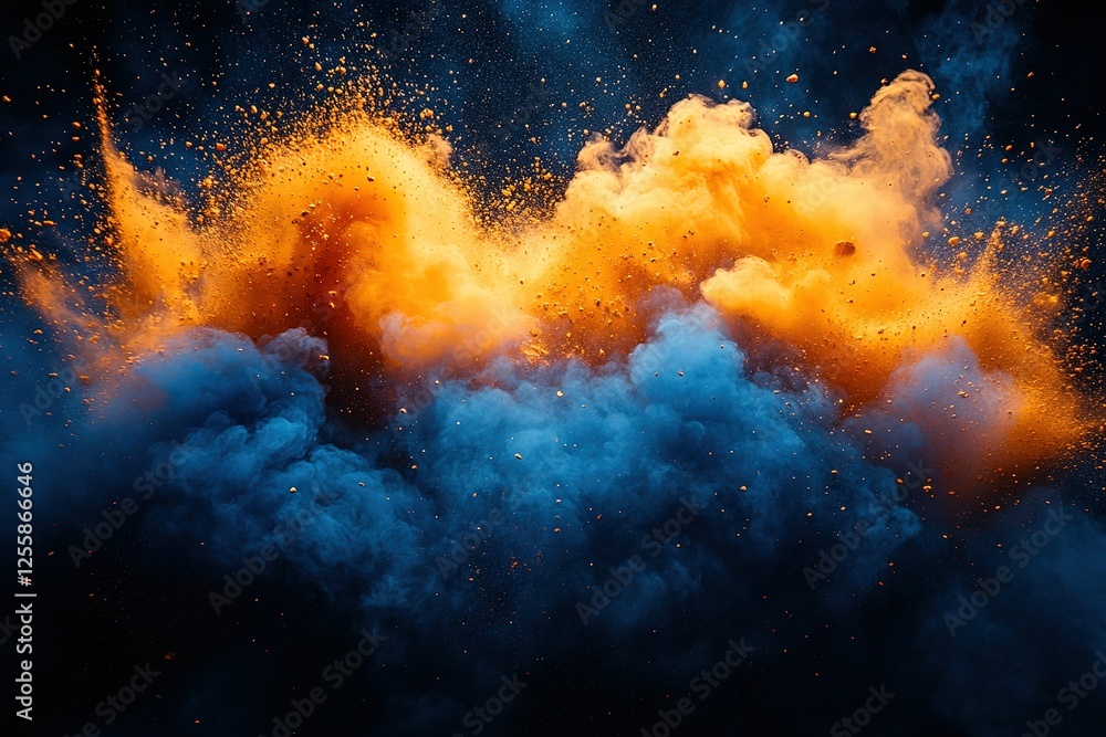 Poster dynamic clouds of blue and orange collide in a vibrant burst creating an awe-inspiring spectacle aga