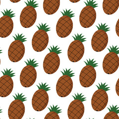 Seamless pattern of brown pineapples with green tops on white background, cartoon flat design.