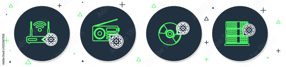 Poster set line radio setting, cd or dvd disk, router and wi-fi and server icon. vector