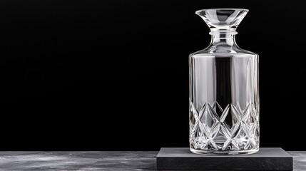 Clear glass decanter on dark stone surface