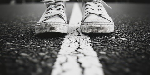 Pair of white shoes are standing on a road