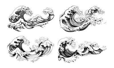 Ocean waves black ink sketch vector set. Marine curly water storm sea swells, surge tsunami ripples tide surfing foam splashes, monochrome isolated hand drawn illustrations