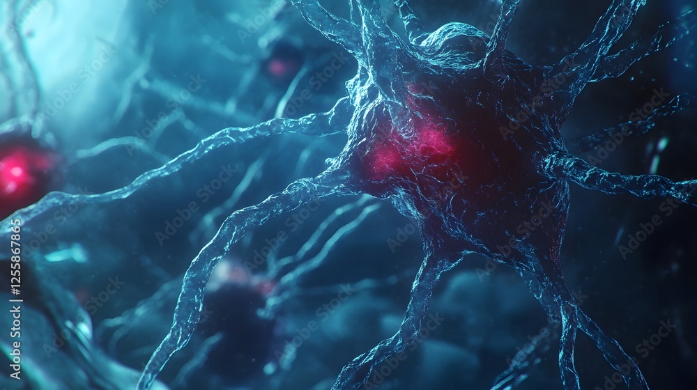 Poster Detailed microscopic view of a complex neural network structure with glowing synapses dendrites and axons representing the intricate connections and communication within the nervous system