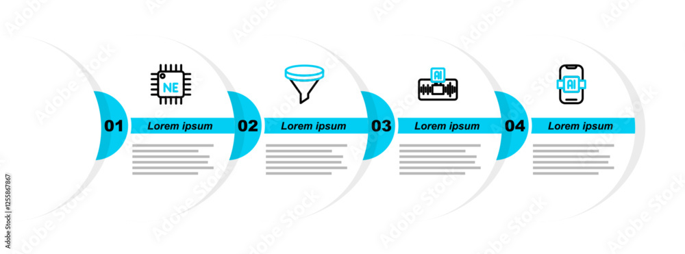 Poster set line artificial intelligence ai, funnel or filter and processor cpu icon. vector