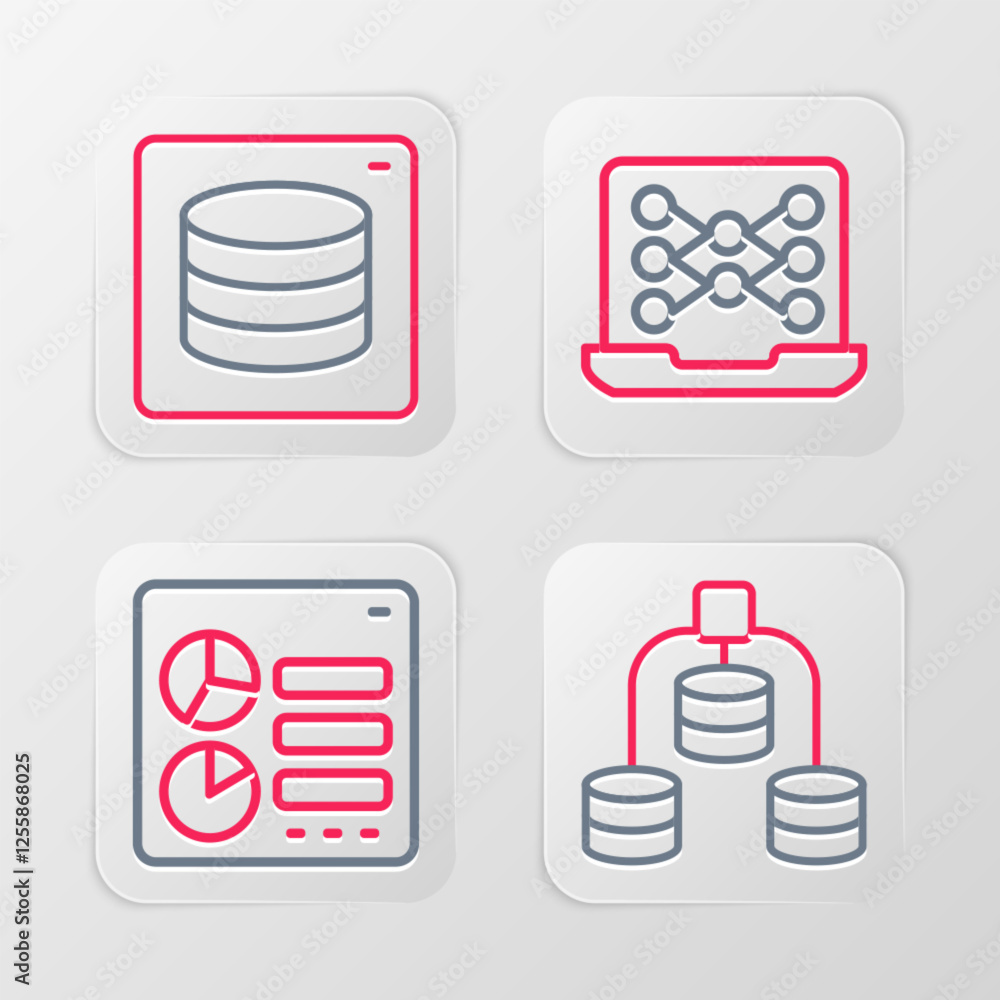 Poster Set line Server, Data, Computer api interface, Neural network and icon. Vector