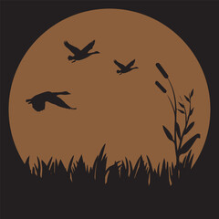 birds in the night, birds on the grass With full moon background 