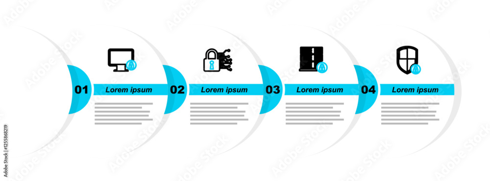 Poster set line shield security with lock, server, cyber and lock on monitor icon. vector