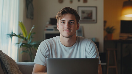 Young man smiling while working on laptop in cozy home setting