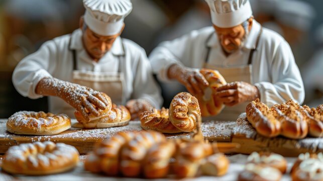 Two bakers skillfully preparing various pastries in a bakery setting.