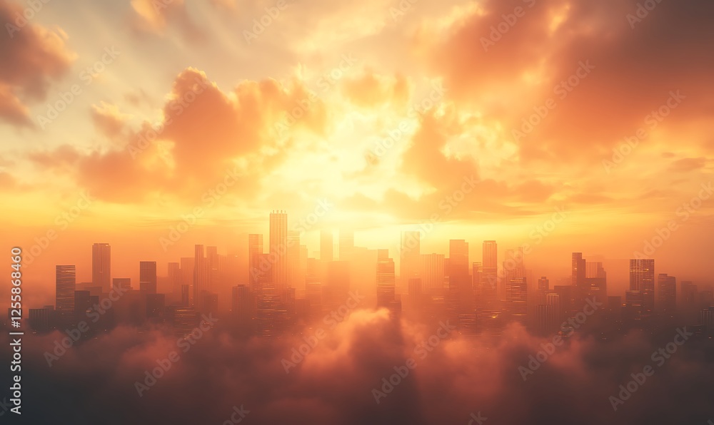 Poster a stunning sunset casts golden light over a city skyline, enveloping it in soft clouds, creating a s