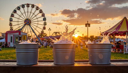 Fototapeta premium Nostalgic water splashes from galvanized buckets at sunset, country fair