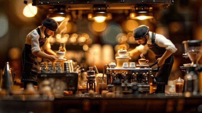 Miniature baristas preparing coffee in a detailed café setting.