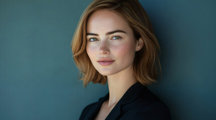 Fototapeta premium Portrait of a Young Woman with Short Hair and Natural Makeup