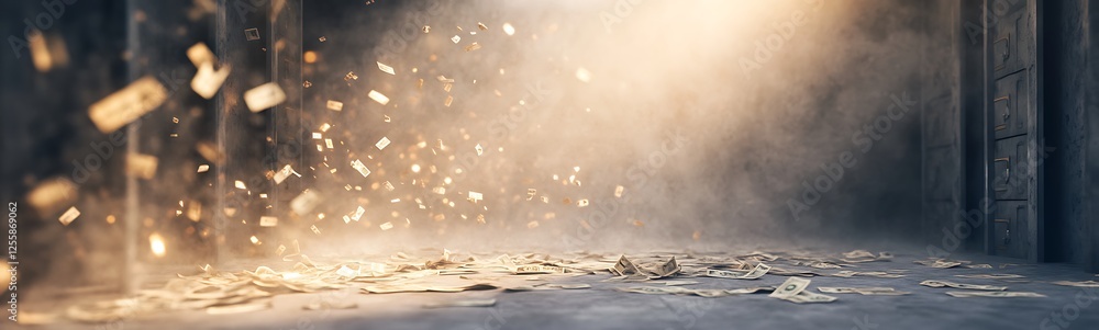 Aufkleber A dimly lit space with scattered money and a beam of light creating a mysterious atmosphere.