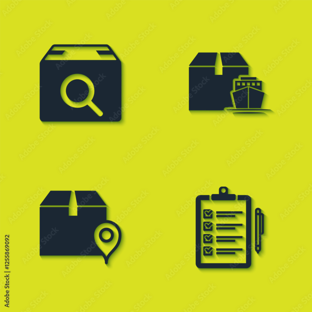 Poster set search package, verification of delivery list, location with cardboard box and cargo ship boxes 
