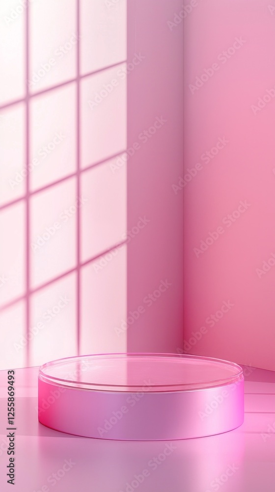 Poster a smooth circular platform sits against a backdrop of soft pink walls, bathed in gentle light stream