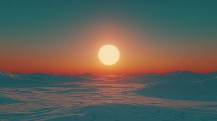 Cosmic Minimalist Surreal Scenery, Sunset Over a Snowy Landscape Remote Winter Location Nature Scene Tranquil View