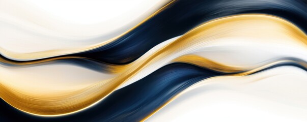 A modern abstract wave design with smooth curved lines in shades of gold, navy, and black, creating a sense of movement and sophistication