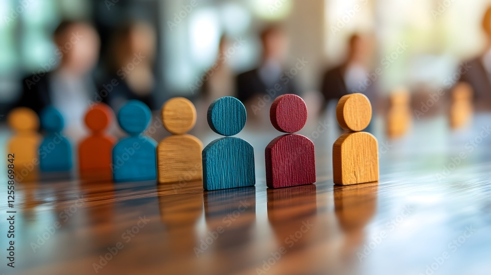 Poster diverse wooden figures in various colors arranged to represent inclusive community within a corporat