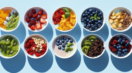 Colorful smoothie bowl toppings display bright natural light top-down angle emphasizing variety and freshness