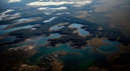 Aerial view of diverse lakes and wetlands in a natural landscape