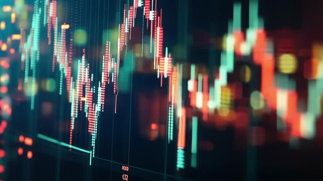 An abstract representation of a stock market chart made of shimmering light fractals that pulse in realtime symbolizing AIs predictive analytics in financial trading.