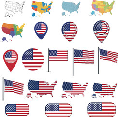 Usa map with map of usa, us map, united states map, map of us, map of united states, america map state vector illustration , American flag icons, the USA's national identity, patriotism, and freedom, 