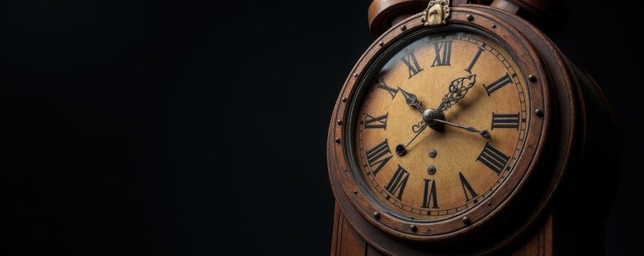 Old wooden clock with intricate details on black background, metal, antique, decoration